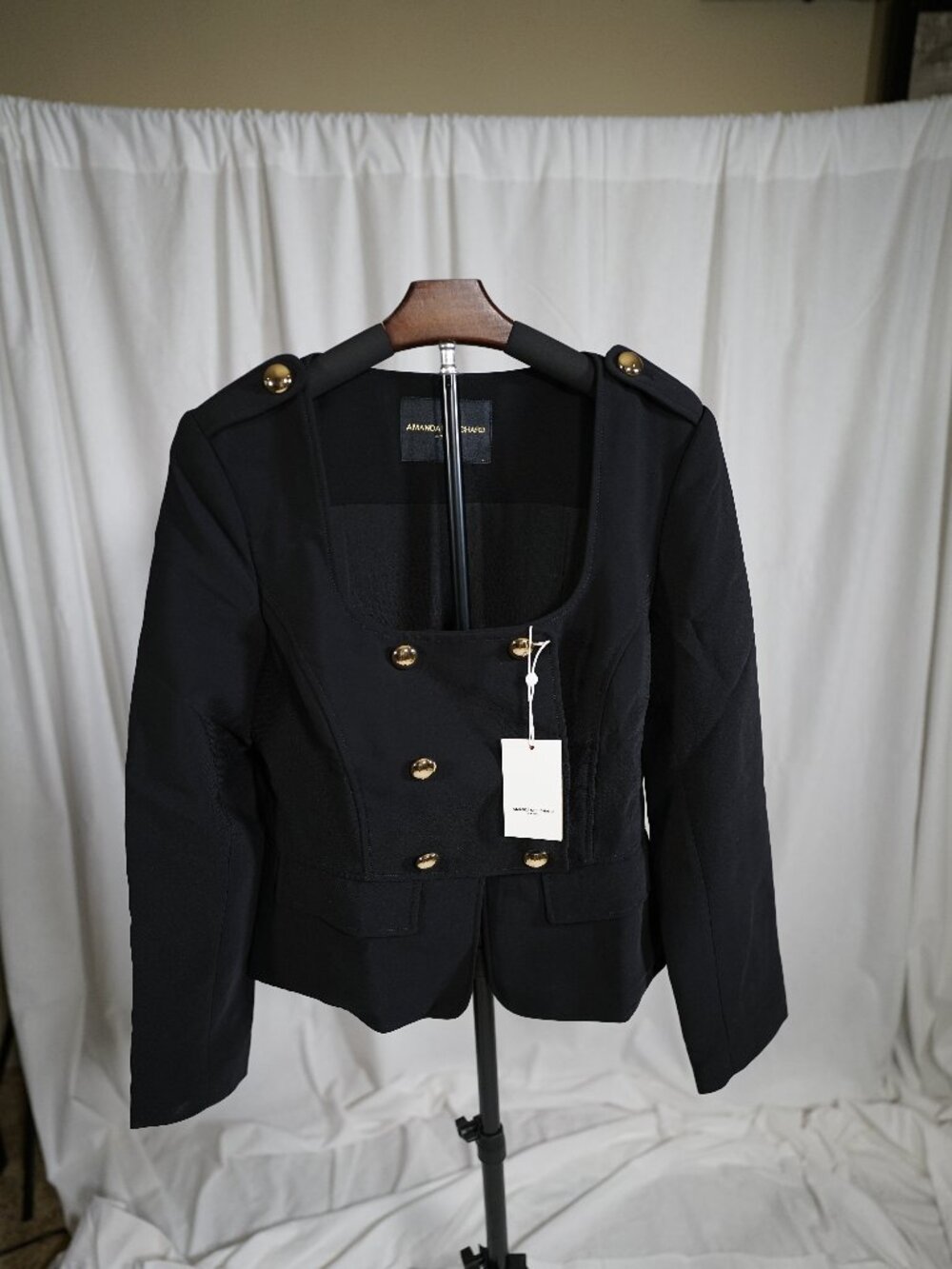 Amanda Uprichard NWT Black Military Blazer Gold Buttons Peplum Jacket Sz L - Picture 2 of 6